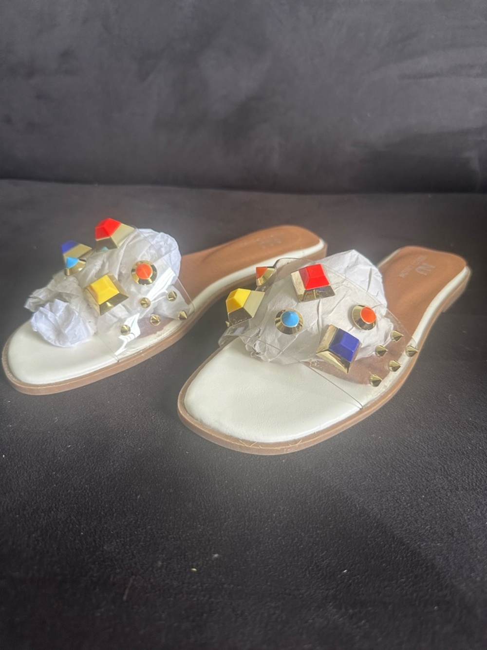 White Gem-Embellished Slide Sandals